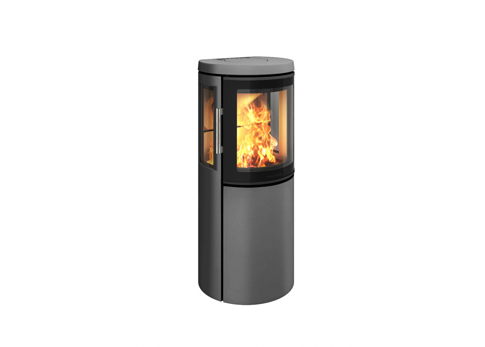 Harmaa pyöreä Hwam kamiina tai kiertoilmatakka sivulaseilla.